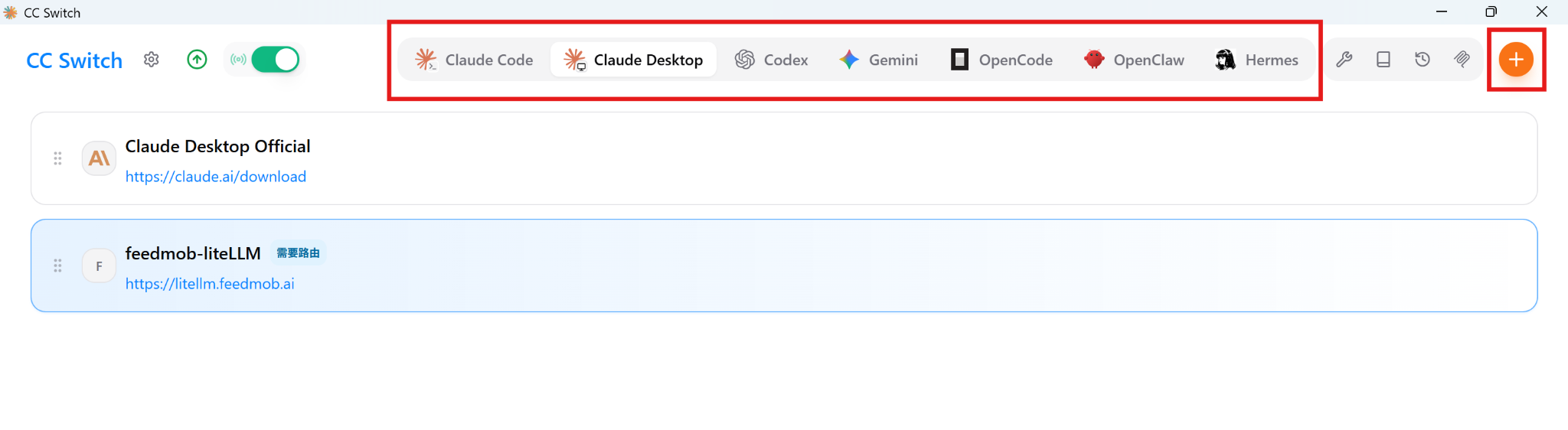 CC Switch platform selector and add button