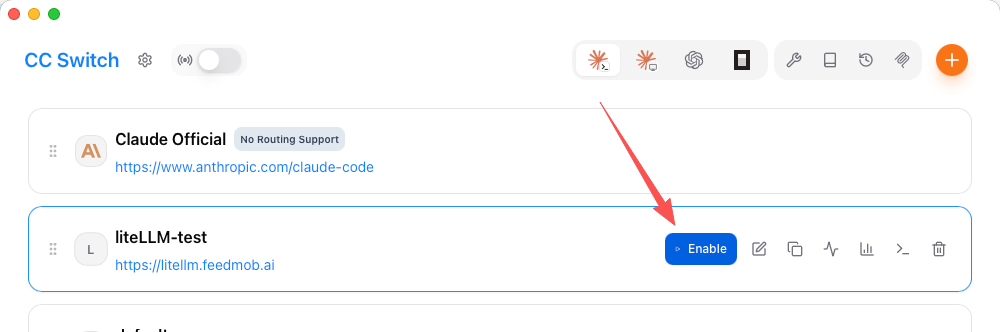 CC Switch provider list with Enable button