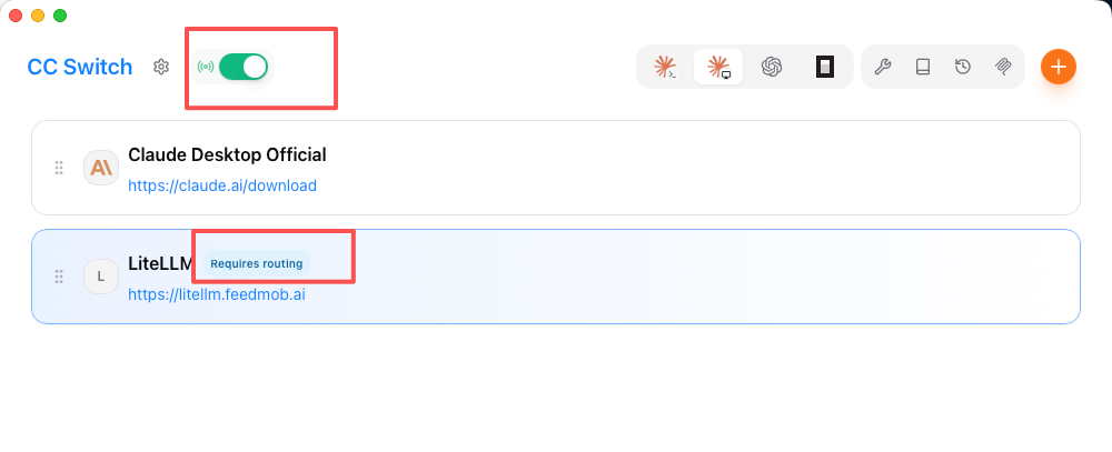 CC Switch provider list showing Requires routing and routing toggle