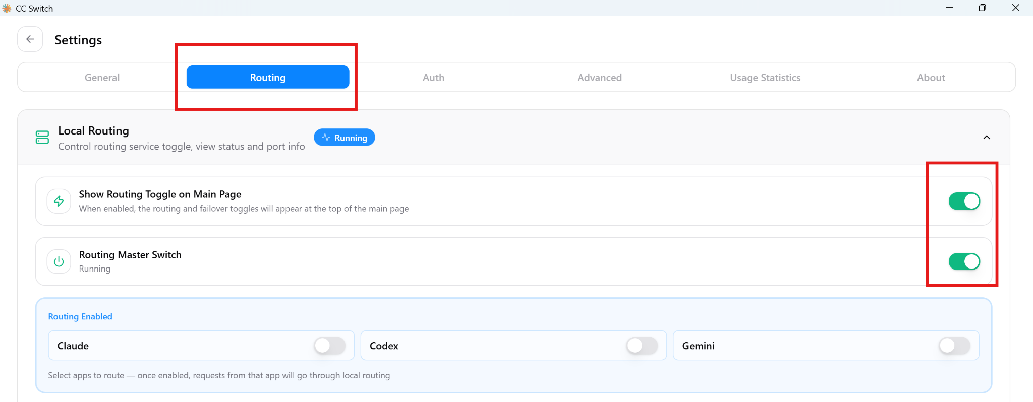 CC Switch routing settings page