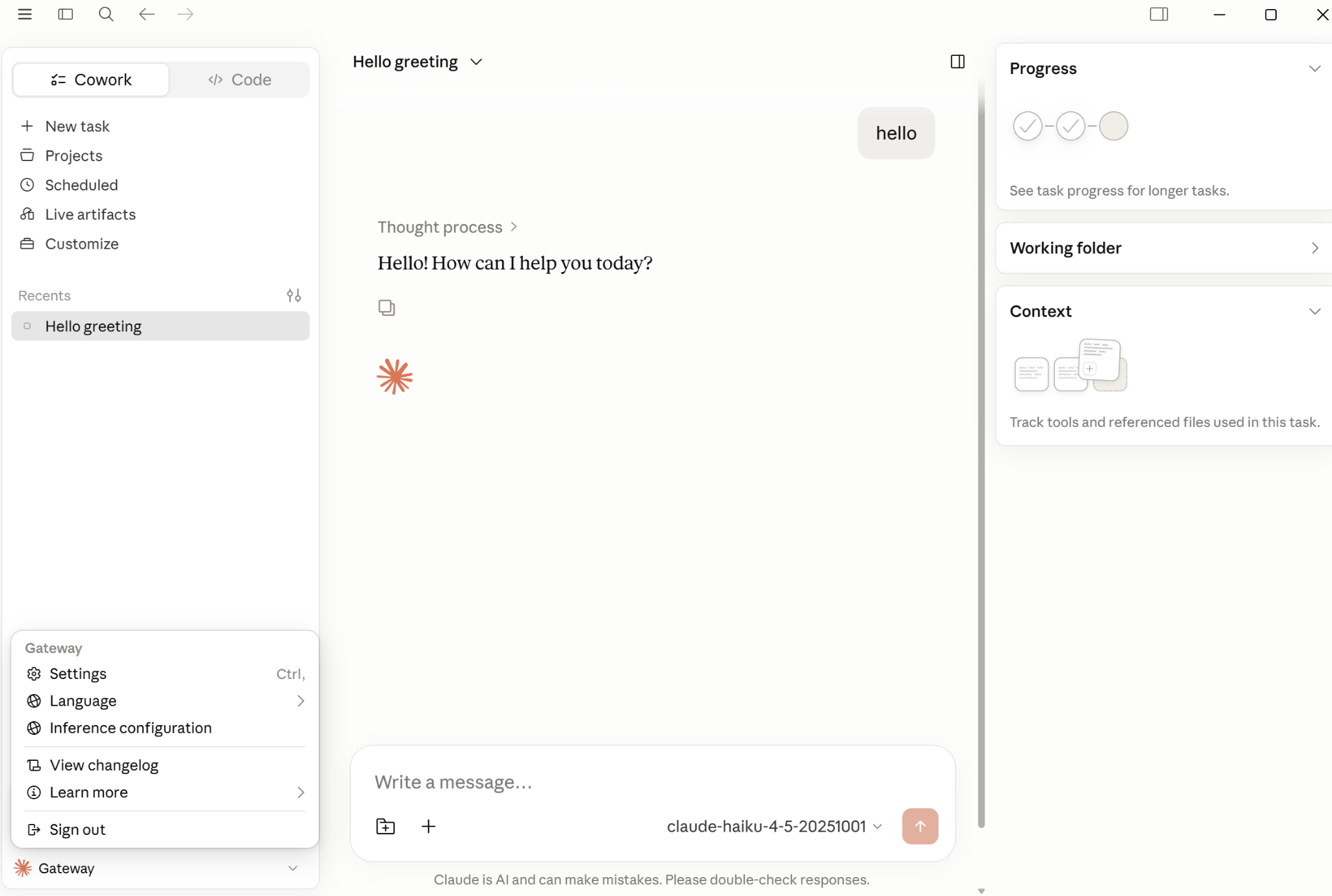 Claude app connected through CC Switch gateway