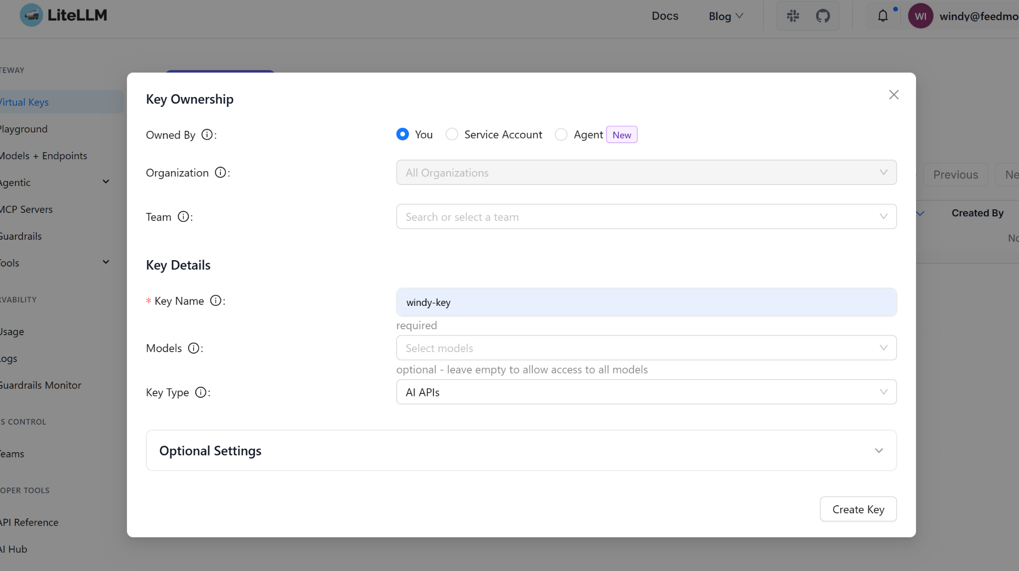 LiteLLM Create New Key dialog